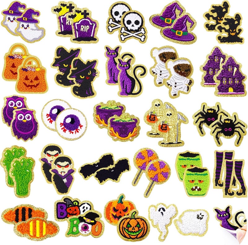 FOGWOWO 50 Pcs Halloween Patches Chenille Patches Self Adhesive Embroidered Autumn Halloween Pumpkin Ghost Skeleton Witch Hat Spider Gravestone Zombie Stick on Patch Stickers for Backpacks Hats Bags Jackets - Image 1